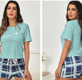 Pijama de algon celeste con shorts de cuadros azul