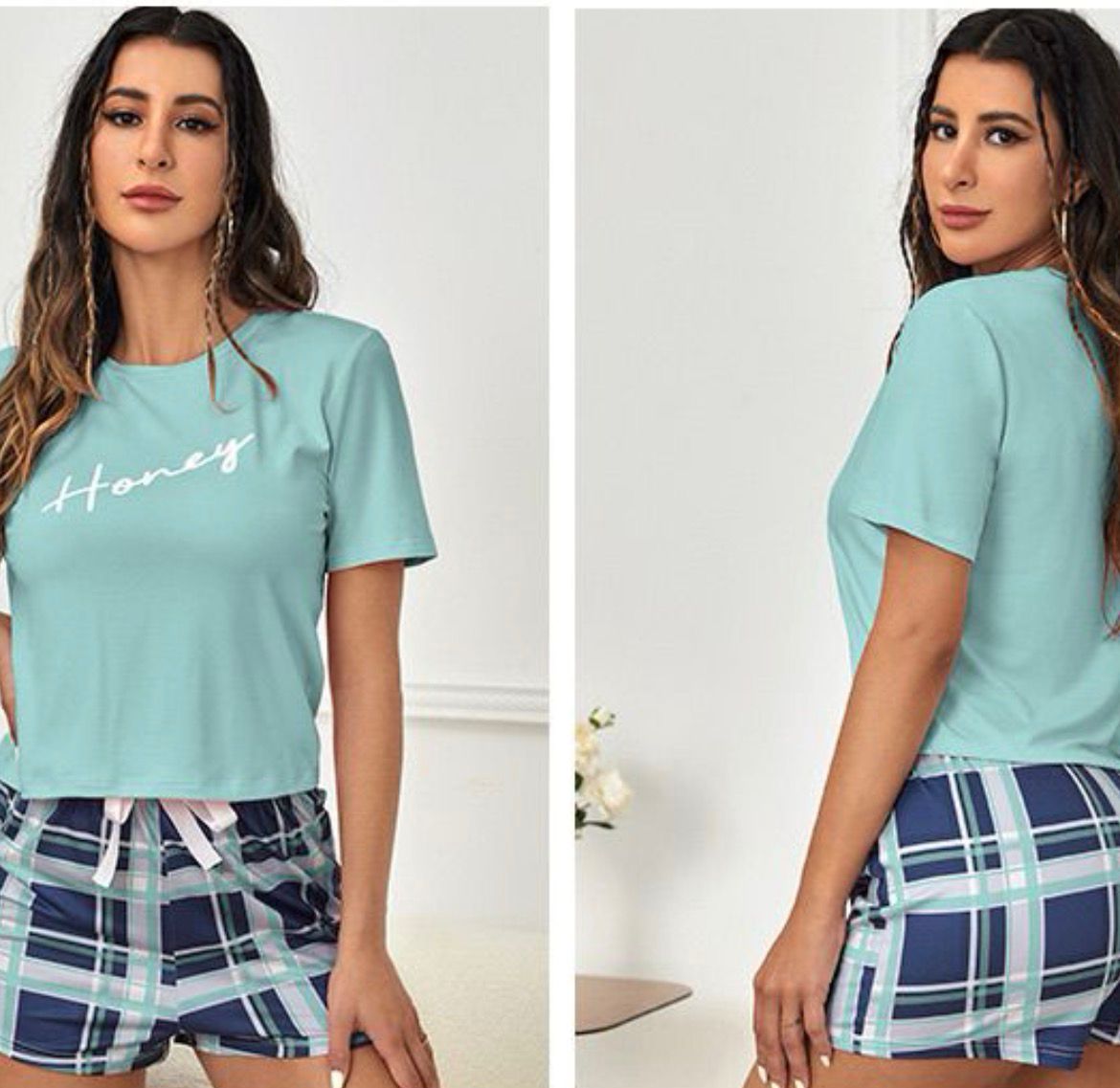 Pijama de algon celeste con shorts de cuadros azul